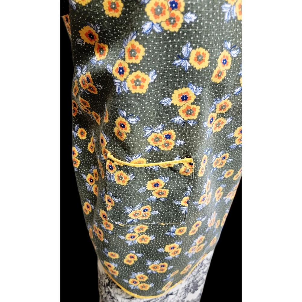 Classic Homemade Full Apron Women Green Yellow Floral 3/4 Sleeve Back Tie - Picture 5 of 13